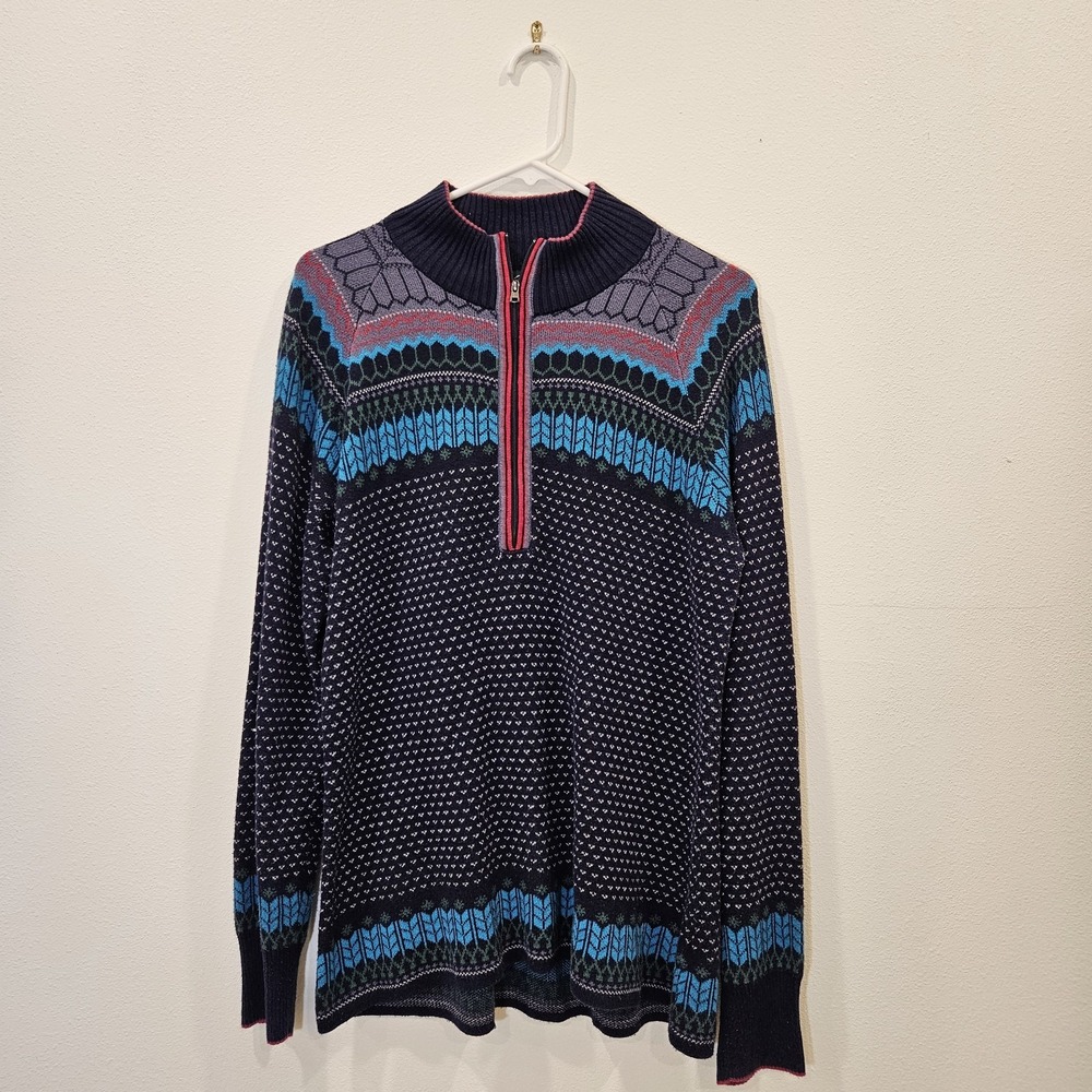 Eddie Bauer Women's Fair Isle 1/4 Zip Sweater Blue Pink Pullover Nordic Large